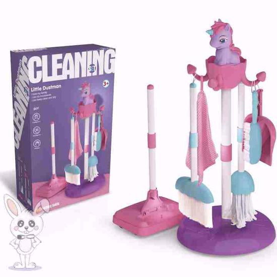صورة مجموعة ألعاب التنظيف للأطفال فرشاة ومغرفة ومنديل على حامل مع وحيد القرن