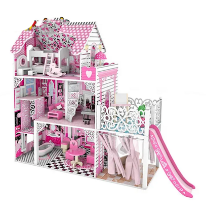 صورة $ دمية بناتي كلاسيكية, دمية بناتي كلاسيكية منمنمات أثاث دمية LED خشبية مع زحليقة 