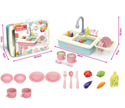 Picture of Multi-Functional Electric Vegetable Washing Sink, Blue and Pink Kitchen Toys Pretend Play Sink for Kids