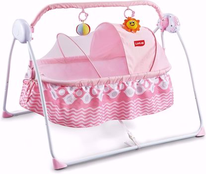 صورة ]]مهد أرجوحة كهربائي للأطفال من لوفلاب ديلايت، مهد أرجوحة خليجي أوتوماتيكي مع شبكة ناموسية، معتمد من المعايير الأوروبية، جهاز تحكم عن بعد، بار ألعاب وموسيقى،