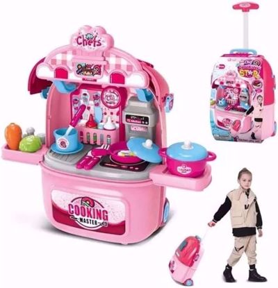 Picture of 3 in 1 Kitchen Cart Toy for Toddler Girls with Pretend Play Cooking Playset for Kids Ages 2+