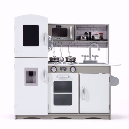 صورة 87/لعبة مطبخ خشبي للأطفال للأولاد والبنات مع أصوات وإضاءة، لعبة طبخ، حجم كبير - رمادي (مع أدوات اللعب)