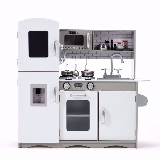 صورة 87/لعبة مطبخ خشبي للأطفال للأولاد والبنات مع أصوات وإضاءة، لعبة طبخ، حجم كبير - رمادي (مع أدوات اللعب)