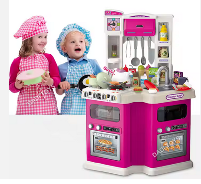 صورة 215/ مجموعة ألعاب المطبخ للأطفال المتمثلة بمقسم الرأسية 98 قطعة كبيرة مزدوجة الأطراف مجموعة ألعاب المطبخ مع الموسيقى والإضاءة للأطفال