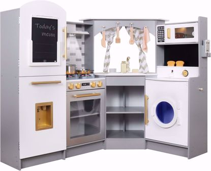 صورة 240/ مجموعة مطبخ لعب خشبية كبيرة مع صانع ثلج وموزع مياه وصانعة خبز وغسالة