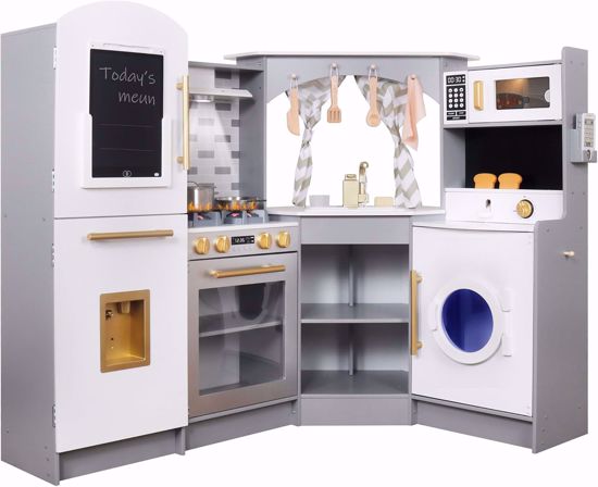 صورة 240/ مجموعة مطبخ لعب خشبية كبيرة مع صانع ثلج وموزع مياه وصانعة خبز وغسالة