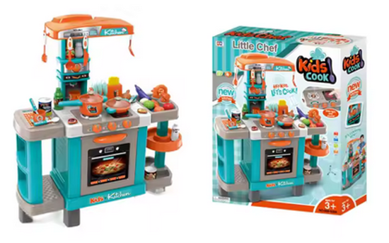 صورة 246/ طاولة طبخ لعبة تعمل بالبطارية مع مجموعة مطبخ للعب مع ضوء وصوت تحريضي