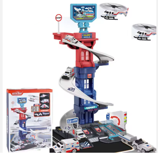 Picture of 283/DIY Metal Police Car Diecast Assembly Fire Trucks Set Spiral Track Parking Lot Toy with 4 Cars + 1 Plane +