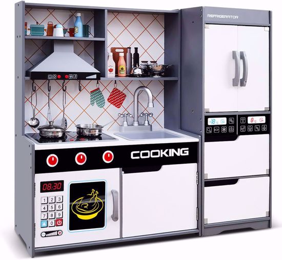 صورة 319/ مطبخ للأطفال مطبخ لعب المطبخ للأطفال الصغار ، مجموعة مطبخ لعبة خشبية للأطفال مع 25 قطعة من أكسسوارات الطعام وأدوات الطبخ ، تصميم واقعي ، أضواء ومحاكاة الأصوات