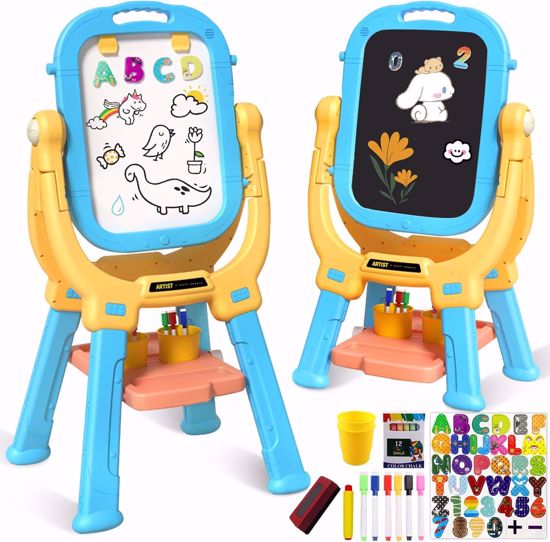 Picture of Easel for Kids, Dry Erase Board, Rotatable Double Sided Magnetic Drawing Board Adjustable Height Easel Stand Toddlers Art Easel with 79pcs Art Supplies, Blue